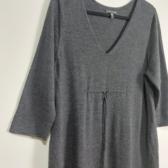 Eileen Fisher 100% Merino Wool Midi Sweater Dress Large Gray V-Neck Drawstring - Picture 3 of 9